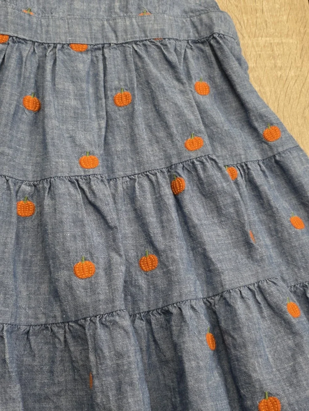 Gymboree Girls Blue Chambray Pumpkin-Embroidered Pinafore Overalls Jumper Dress